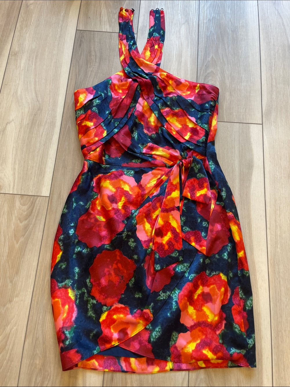 New Cinq a Sept Vibrant Floral Halter Dress in Red & Black